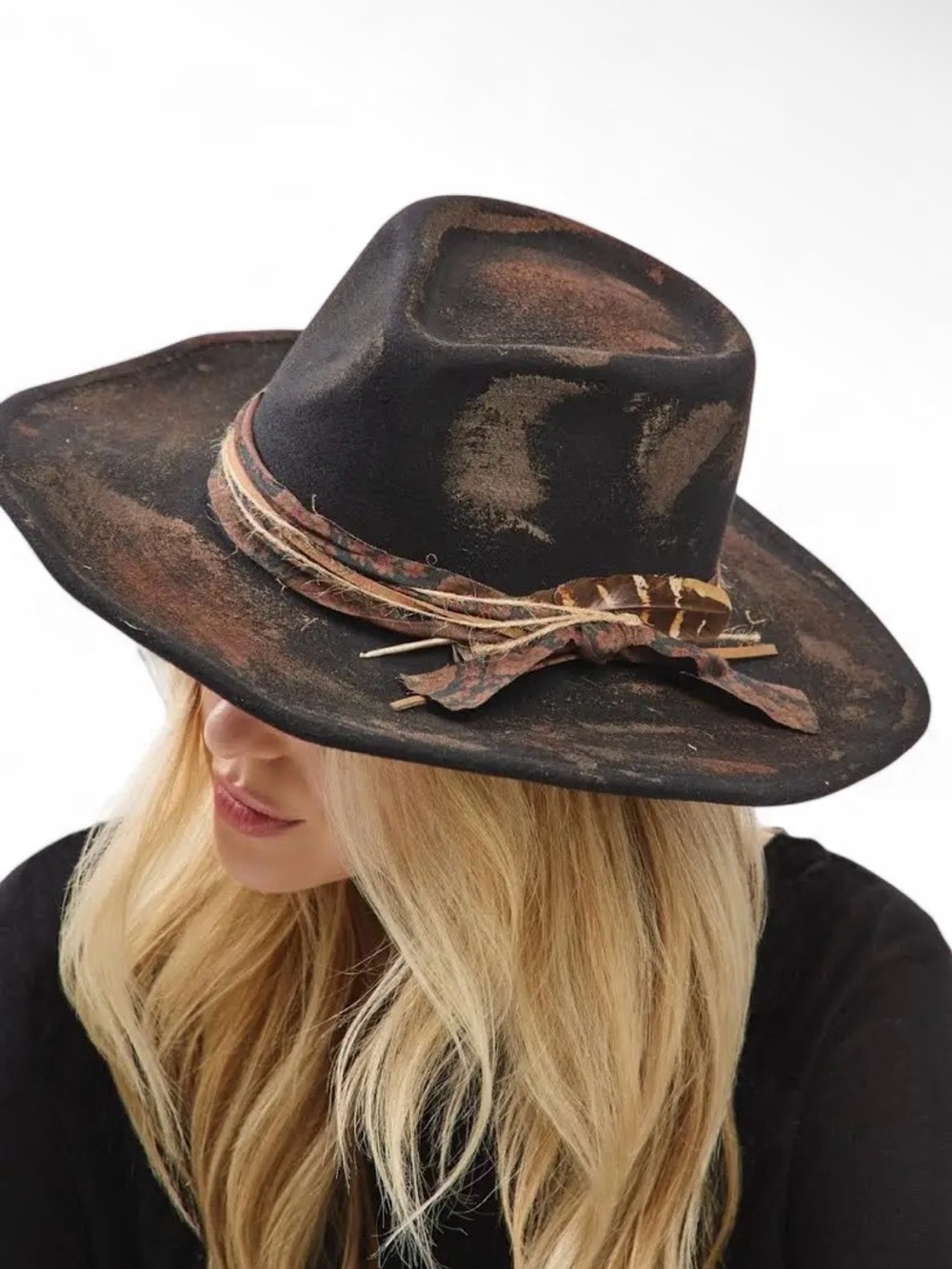 Distressed Wide-Brim Fedora or cowboy Hat with Feather Band - Black/Brown
